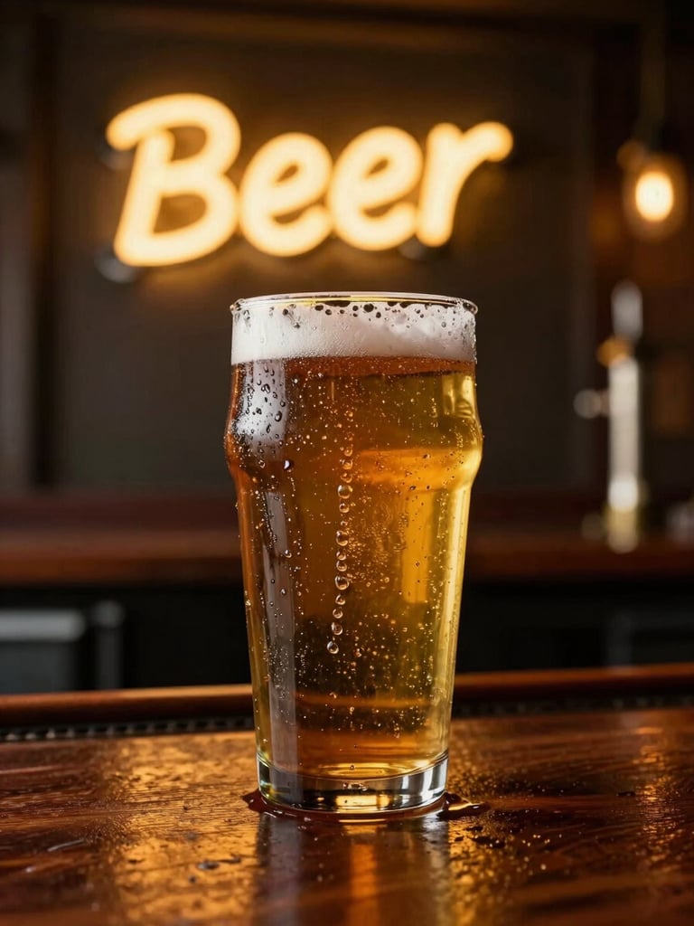 A sweating pint of amber beer on a dark mahogany bar, warm neon beer sign glowing softly in the background, dim ambient tavern lighting.