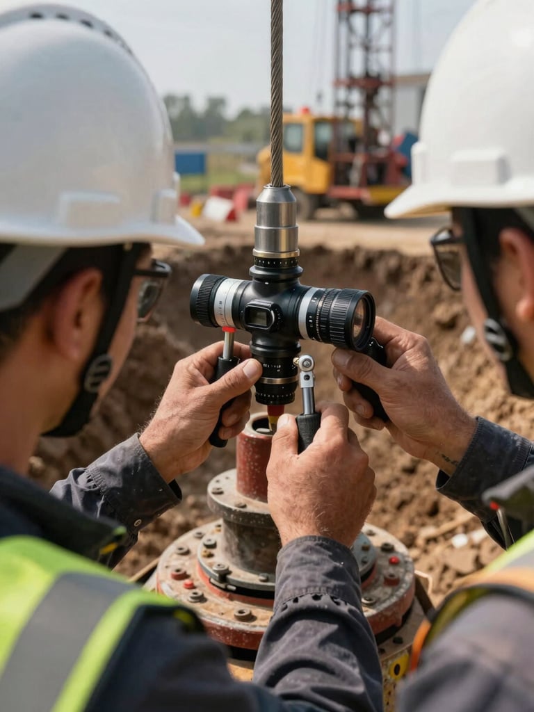 Close-up overhead frame of a rig operator at the bore collar, hands gripping survey instrument, hard hat and steel cable in sharp focus, daylight on an active foundation jobsite, excavated earth visible at frame edge