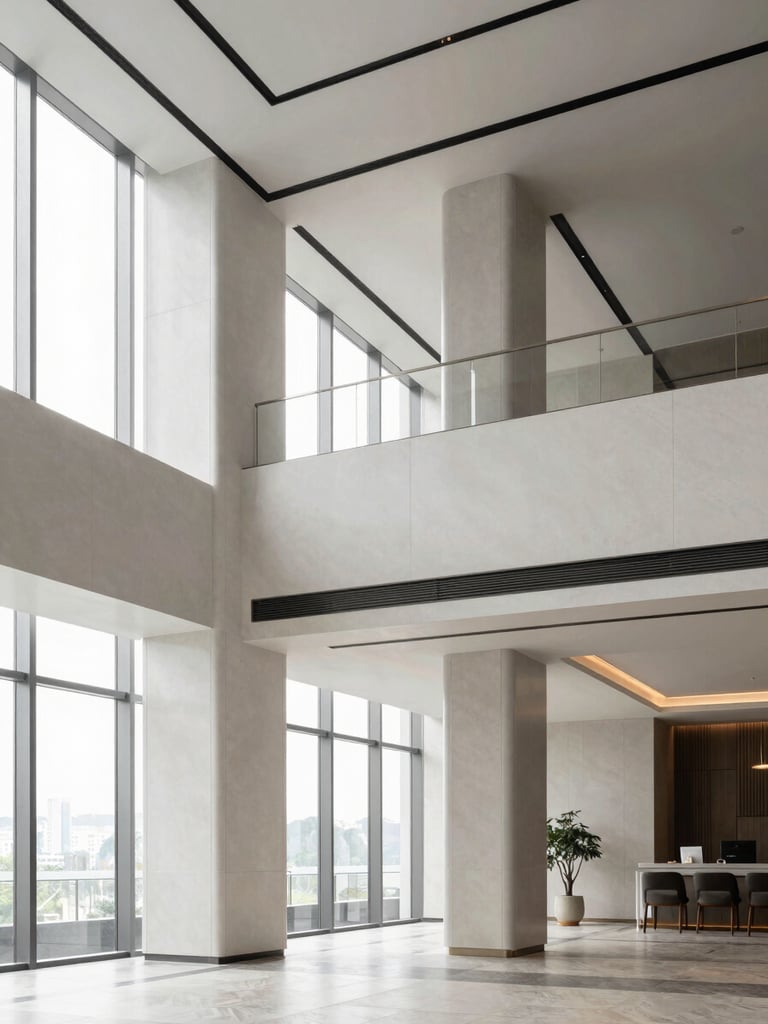 Crisp architectural photography of a modern luxury hotel lobby, clean structured lines, bright natural window light, desaturated tones