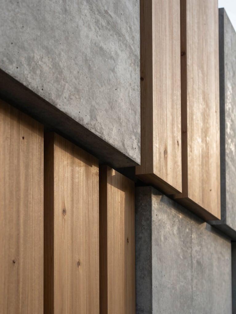 Tactile architectural close-up of modern concrete and warm timber panels, soft natural morning light reflecting on structured lines, minimal composition, environmental depth