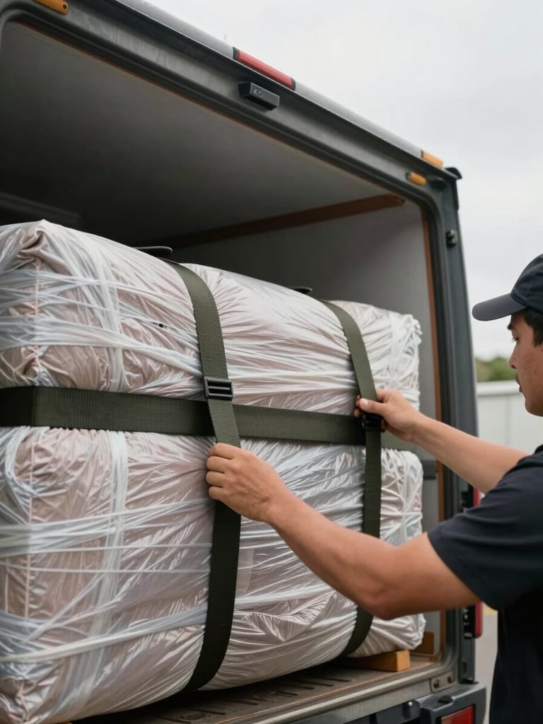 Close detail of crew hands securing a wrapped piece of furniture with heavy-duty cargo straps inside a truck, overcast natural light from the truck's open rear, moving blankets visible around the item, documentary style with no staging