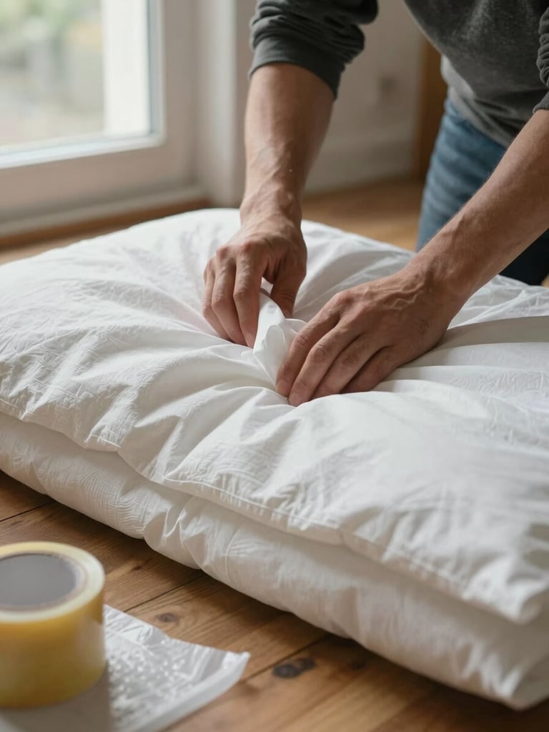 Close-up of hands wrapping a fragile item in thick moving blankets on a wooden floor, natural window light from the left, packing tape and foam padding visible in the foreground, documentary style with no staging