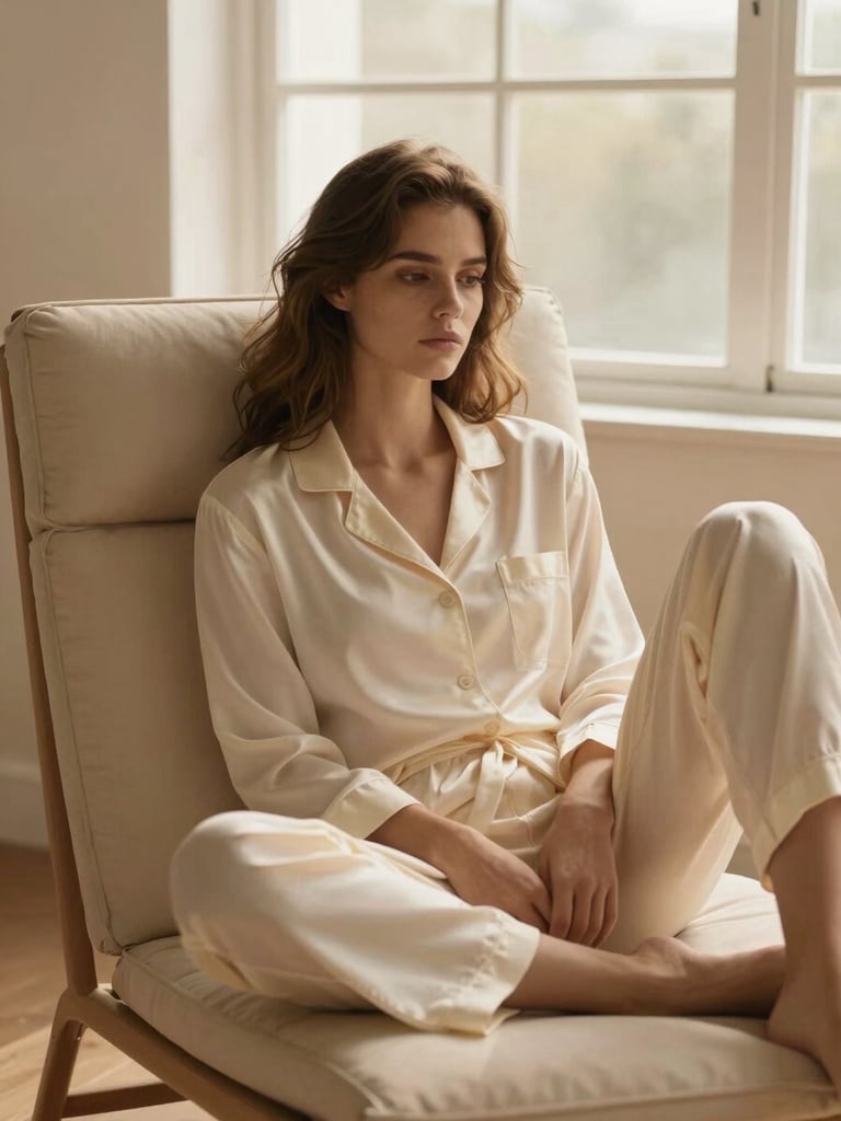 A woman sitting thoughtfully on a minimalist beige lounge chair, wearing a draped cream silk pajama set, warm morning window light, editorial fashion photography style.