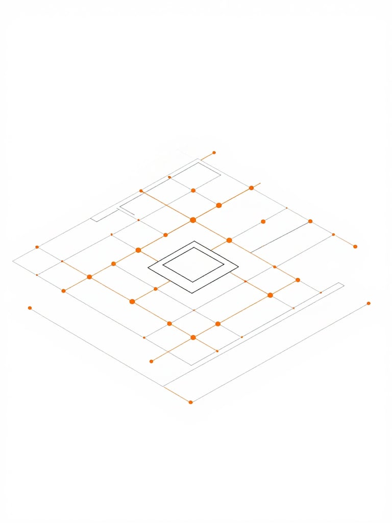 Minimalist isometric blueprint diagram of an enterprise AI workflow interface, clean slate lines, subtle orange connector nodes, high-key white background.