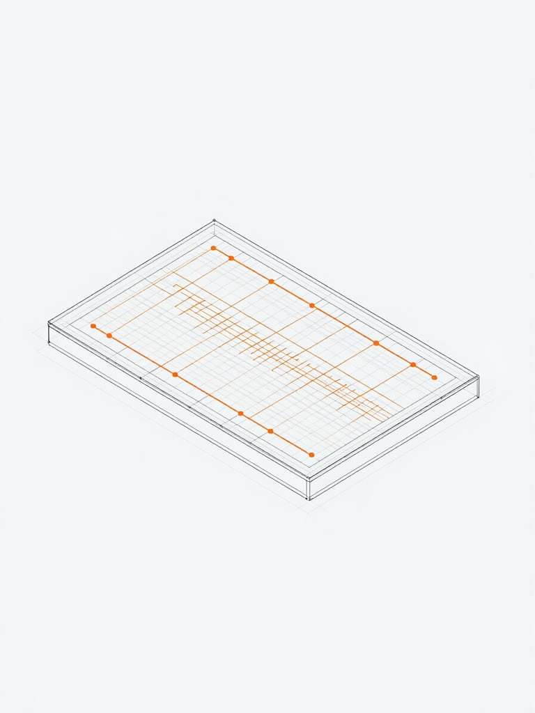 Minimalist architectural blueprint of a software system, clean vector lines on a high-key light gray background, subtle orange connector nodes showing data flow, technical schematic style