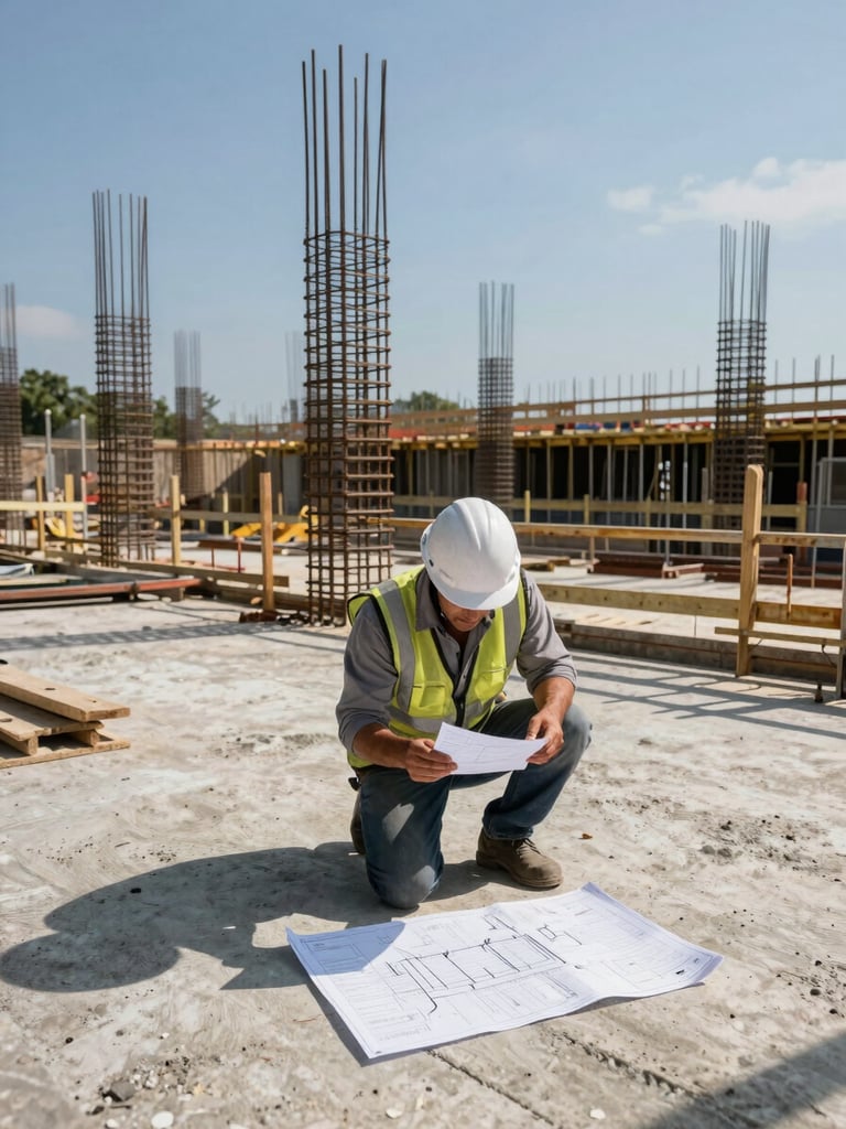 Wide shot of an active construction site in bright daylight, a single figure in a hard hat reviewing structural drawings on a concrete floor, steel rebar framework rising behind, no posed smiles, documentary framing from a slight distance