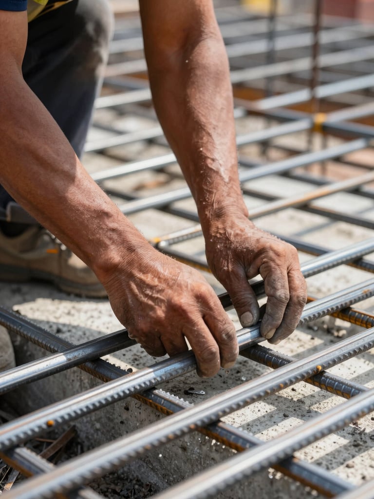 Close-up of a construction site worker's hands placing steel rebar on a concrete foundation under bright diffused daylight, structural grid visible in background, no faces