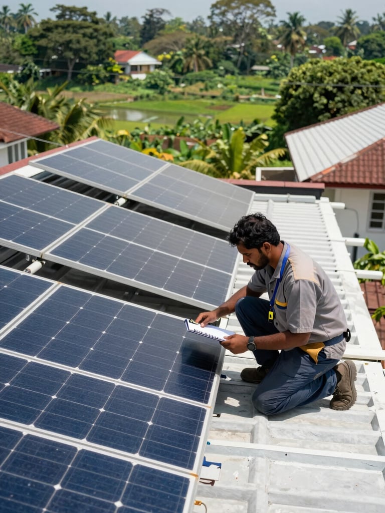 Wide shot of a solar technician on a residential rooftop in Sri Lanka, kneeling to inspect panel connections, clipboard in hand, bright midday sun casting short shadows across the array, lush green landscape visible in the background