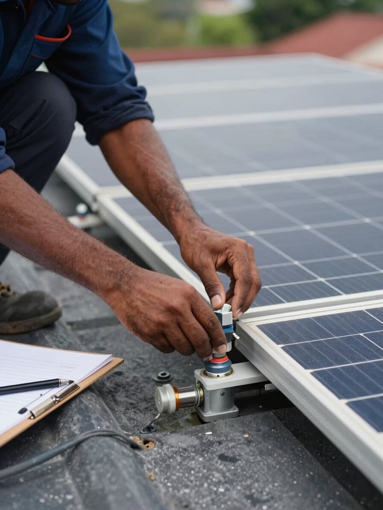 Close-up of a solar technician's hands checking a rooftop panel junction on a residential Sri Lankan roof, natural daylight, inspection clipboard visible at the edge of frame, crisp detail on equipment