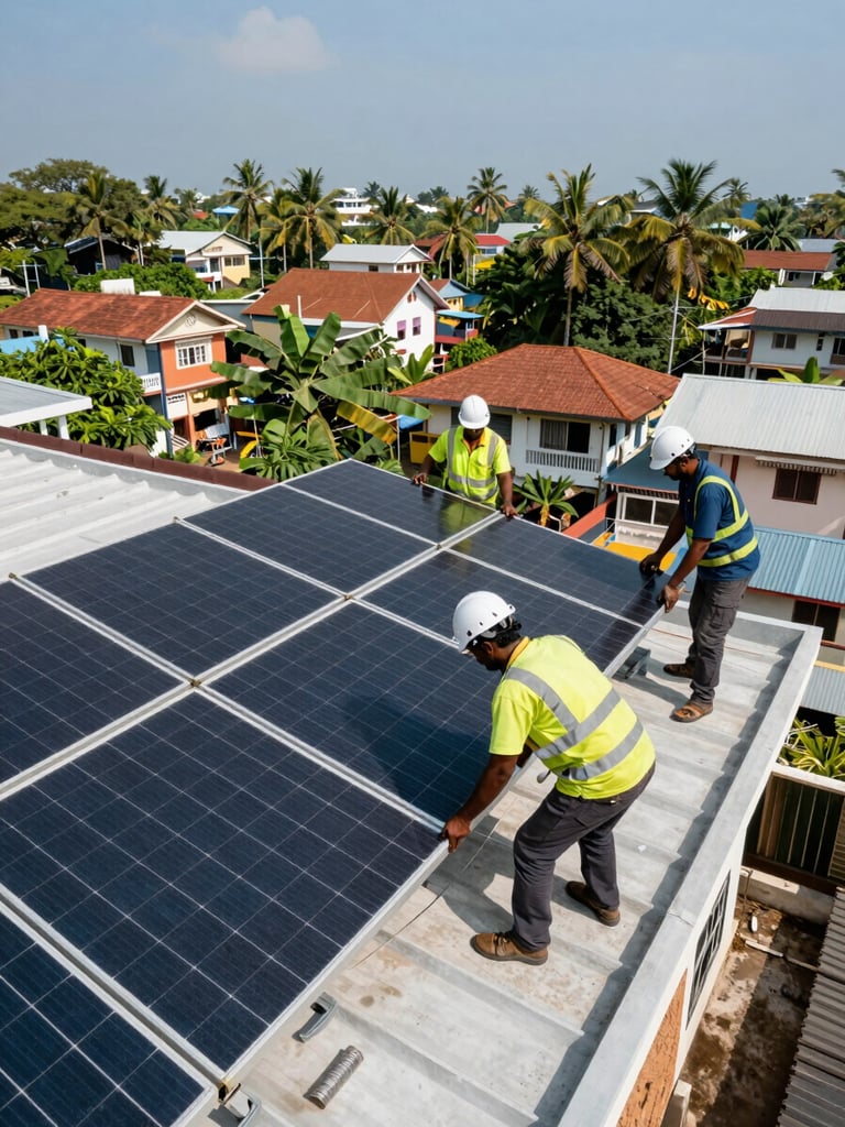 Wide shot of a solar installation team working on a residential rooftop in Sri Lanka, workers in safety gear focused on panel placement, bright midday daylight, urban neighbourhood visible below