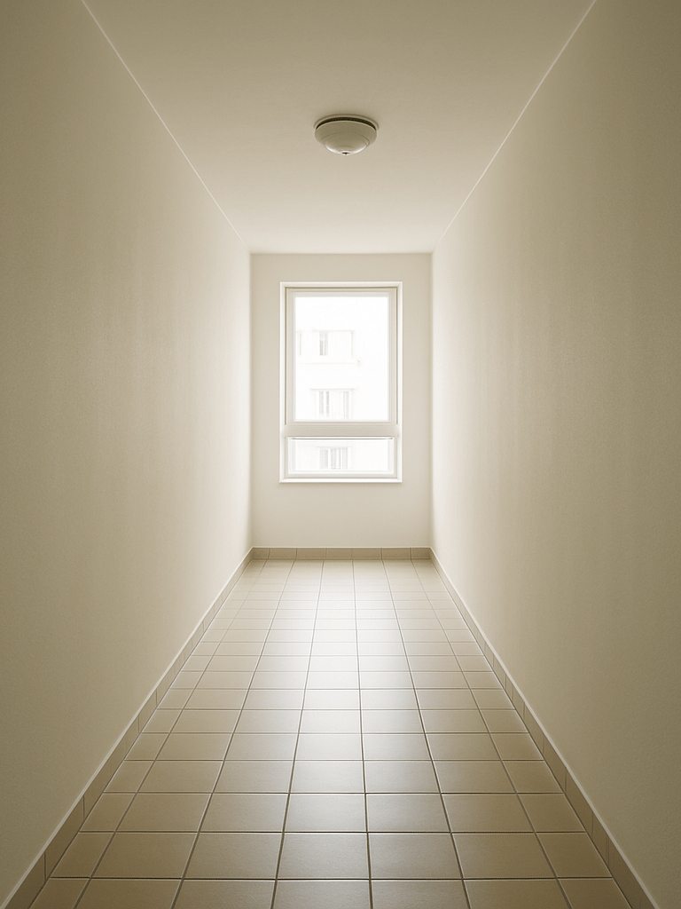 Wide view of a freshly painted apartment building corridor, natural daylight from end window, clean off-white walls receding into depth, no furniture or people, floor tiles visible, crisp paint edge at skirting board