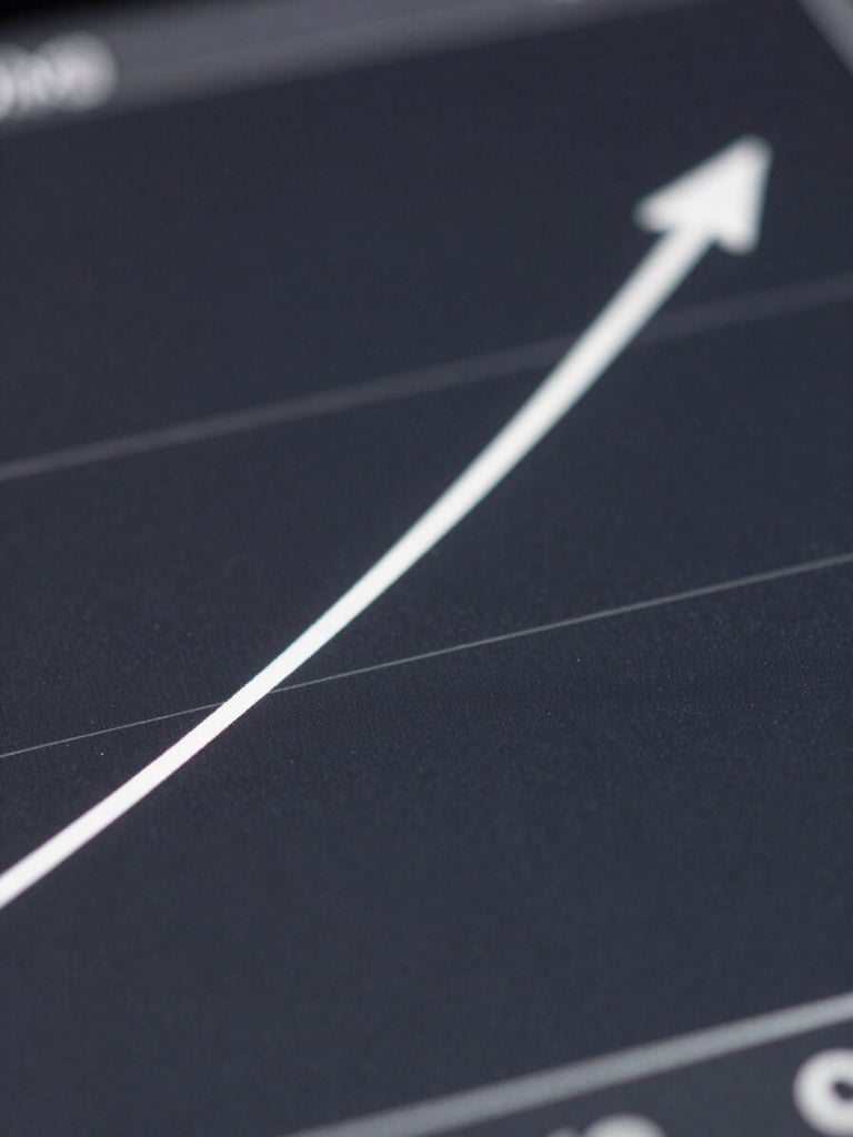Macro close-up of a high-contrast search console growth curve on a dark screen, crisp white lines on deep charcoal background