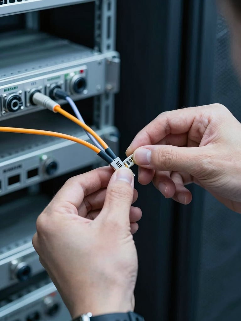 Close-up of a technician's hands precisely splicing a fiber optic cable under bright cool work light, technical precision, branded gear visible, 35mm