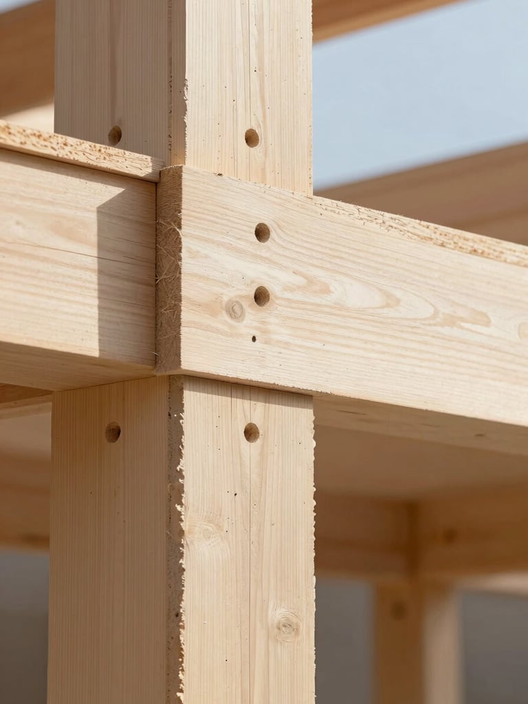 Close abstract detail shot of a concrete-to-timber structural joint, soft natural daylight highlighting the raw textures and precise craftsmanship