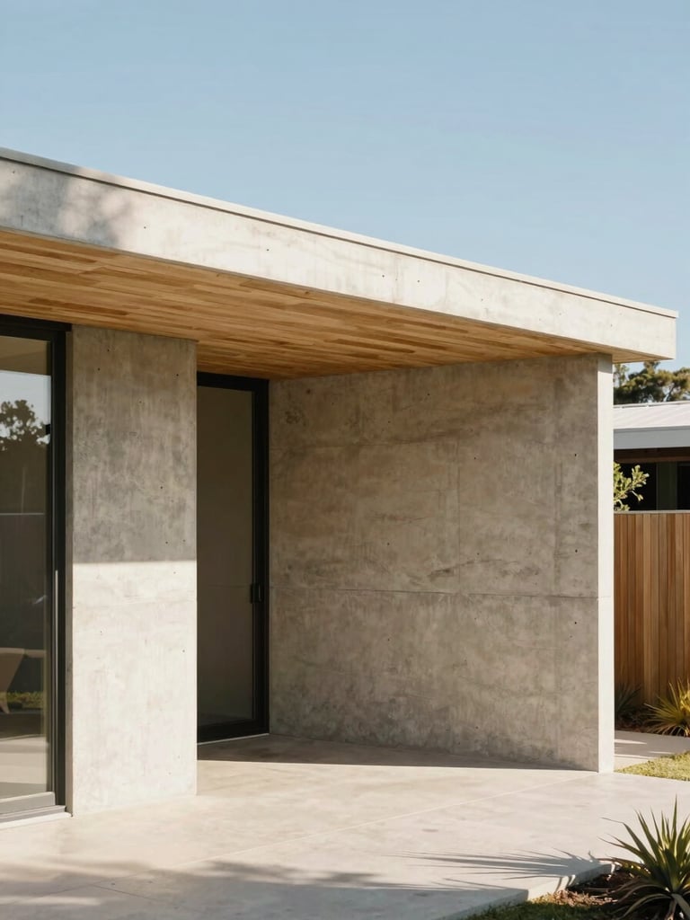Architectural portrait of a raw concrete and timber residential pavilion in Perth, bright Western Australian morning sun casting sharp geometric shadows, warm minimalist tones, 35mm lens.