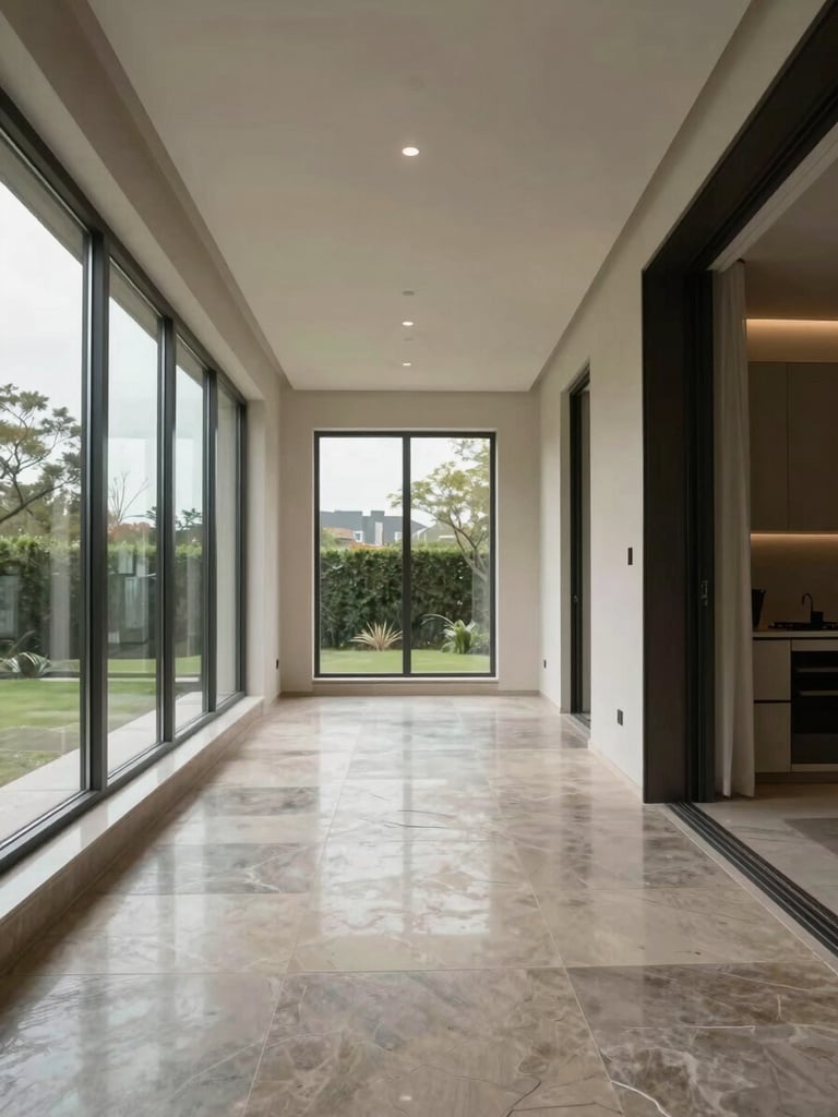 Interior corridor of a completed luxury residential villa, diffuse daylight from floor-to-ceiling windows at far end, polished stone floor reflecting the light, no occupants, wide-angle shot revealing spatial depth and material precision