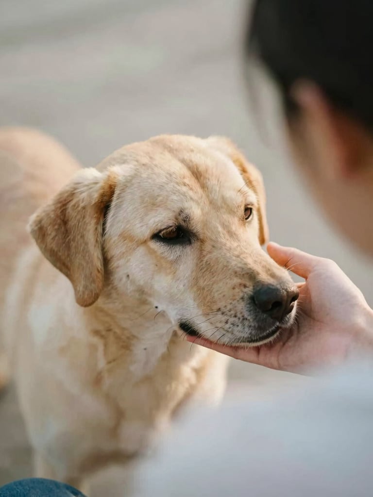 Candid over-the-shoulder shot of a gentle dog resting its head on a client's hand, soft golden-hour daylight, shallow depth of field, 35mm film look