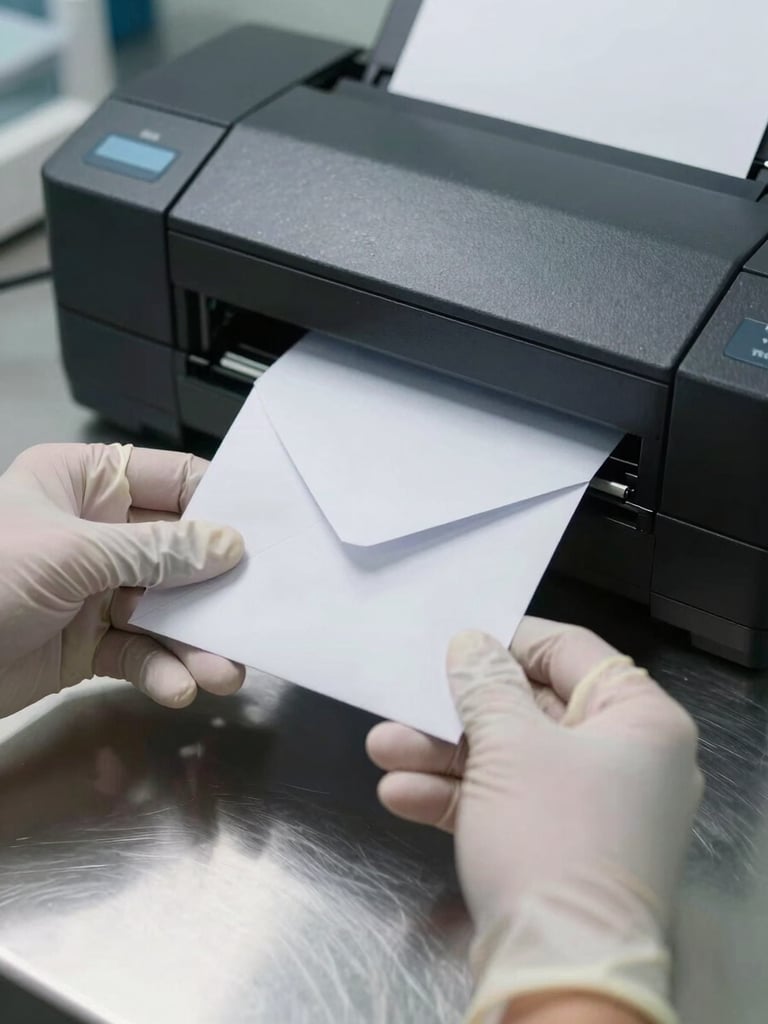 Extreme close-up of a pair of hands in nitrile gloves feeding a sealed white envelope into a high-resolution document scanner on a clean stainless steel desk, bright overhead studio lighting, clinical and precise