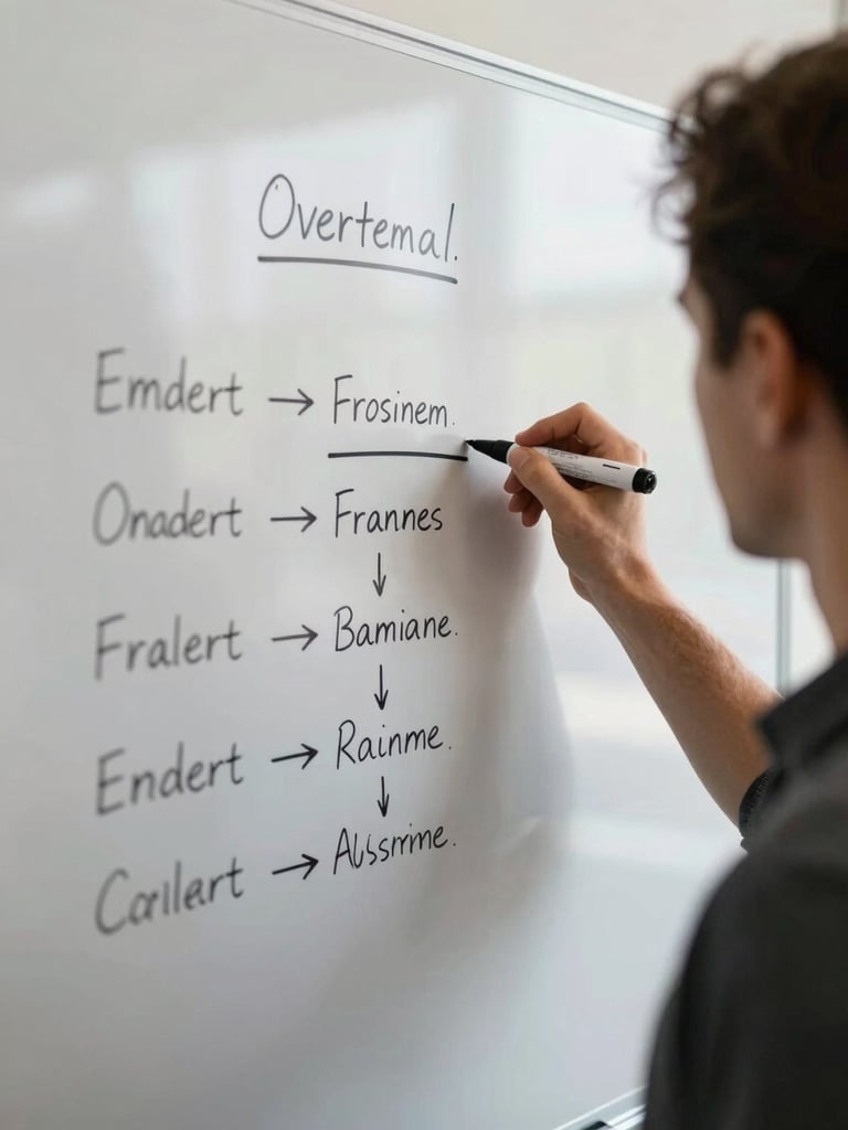 Over-the-shoulder framing of a practitioner writing a framework on a large whiteboard, marker in hand, natural side-light from an off-screen window, handwritten text and arrows visible on the board, no staging