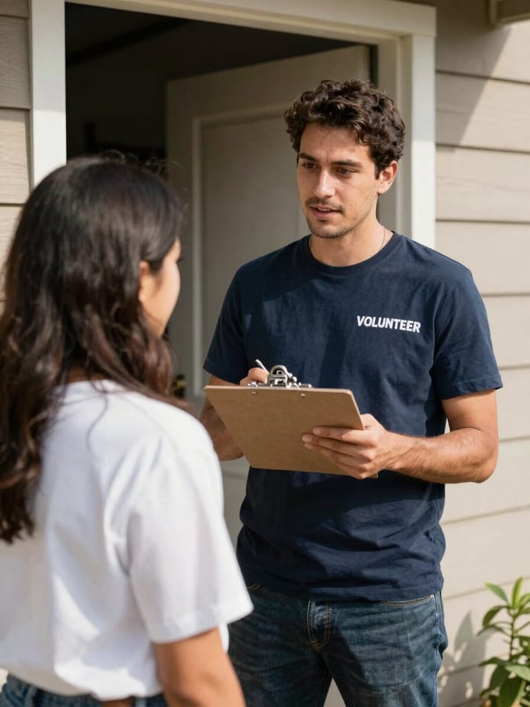 A warm documentary photograph of a volunteer with a clipboard talking to a young woman on a sunlit doorstep, natural outdoor daylight, candid framing, 35mm lens, shallow depth of field
