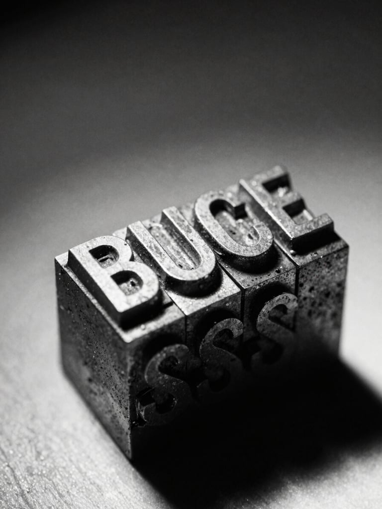 Macro crop of metal letterpress type blocks arranged on a composing stick, harsh direct light, stark high-contrast monochrome, 35mm film grain.