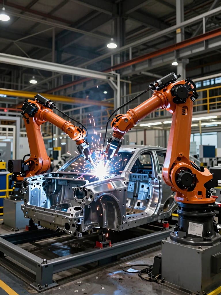 Wide-angle view of an active automotive manufacturing floor, a six-axis robotic arm welding a steel chassis under precise LED factory lighting, sparks visible mid-air, industrial steel structure in background, shot from floor level emphasizing scale and precision