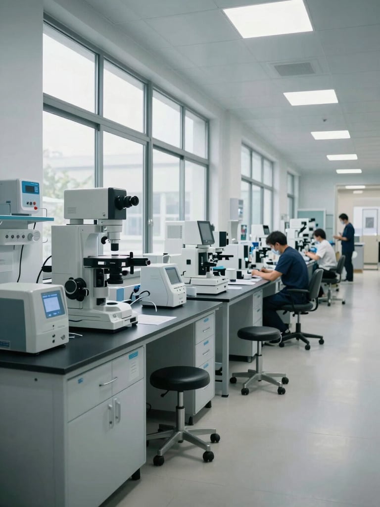 Wide-angle view of an active hospital laboratory corridor, precision diagnostic equipment stations visible along the left wall, clean north-facing daylight through tall windows, no staff portraits, emphasis on operational readiness and technical order