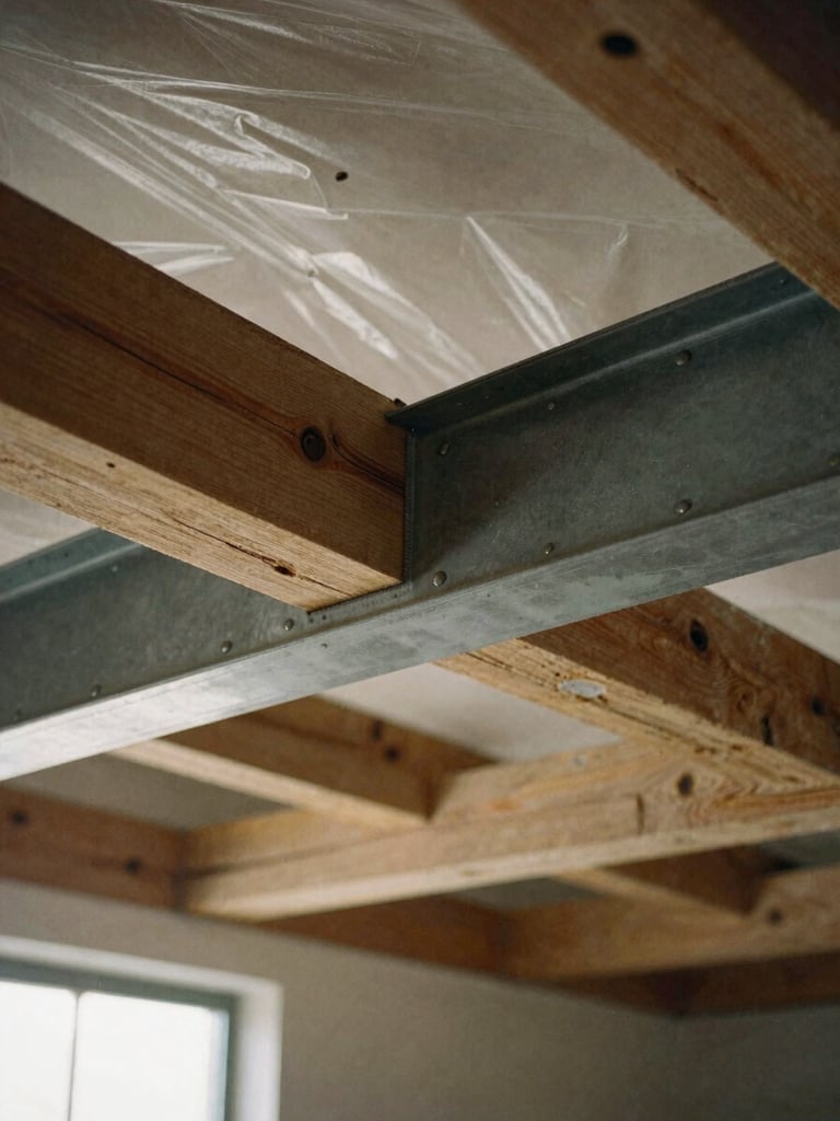 Close-up of newly installed steel beam supporting historic timber joists, under soft, directional work light, dust-containment plastic visible in background, muted earthy tones, medium format film.