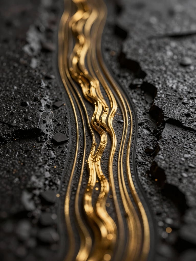 Macro shot of a dark-textured 3D render showing fluid gold lines of data flow, dramatic low-key lighting with sharp highlights
