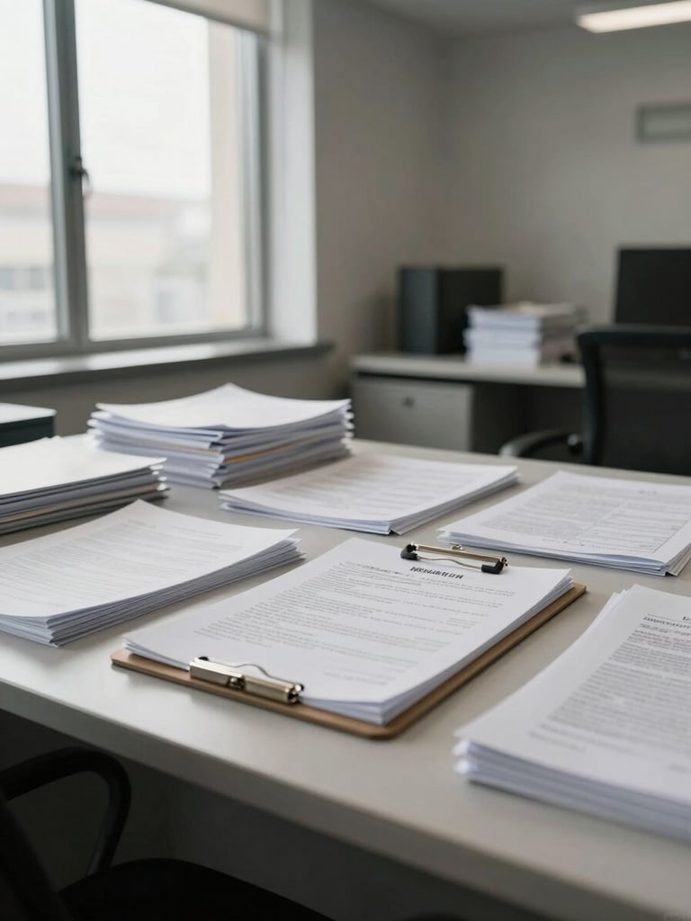 Wide shot of a quiet corporate office, organized documents and a clipboard resting on a clean desk, daylight entering through tall windows on the left, neutral tones, no people visible