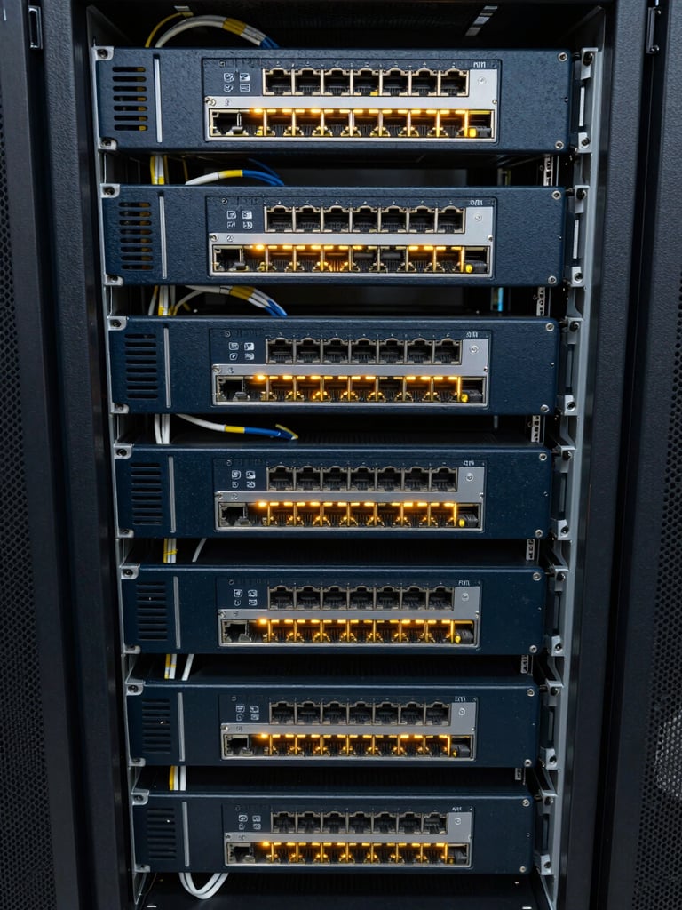Tight overhead view of rack-mounted servers with illuminated port indicators and cable management, flat overhead studio lighting, deep navy and charcoal tones, no people, infrastructure detail shot