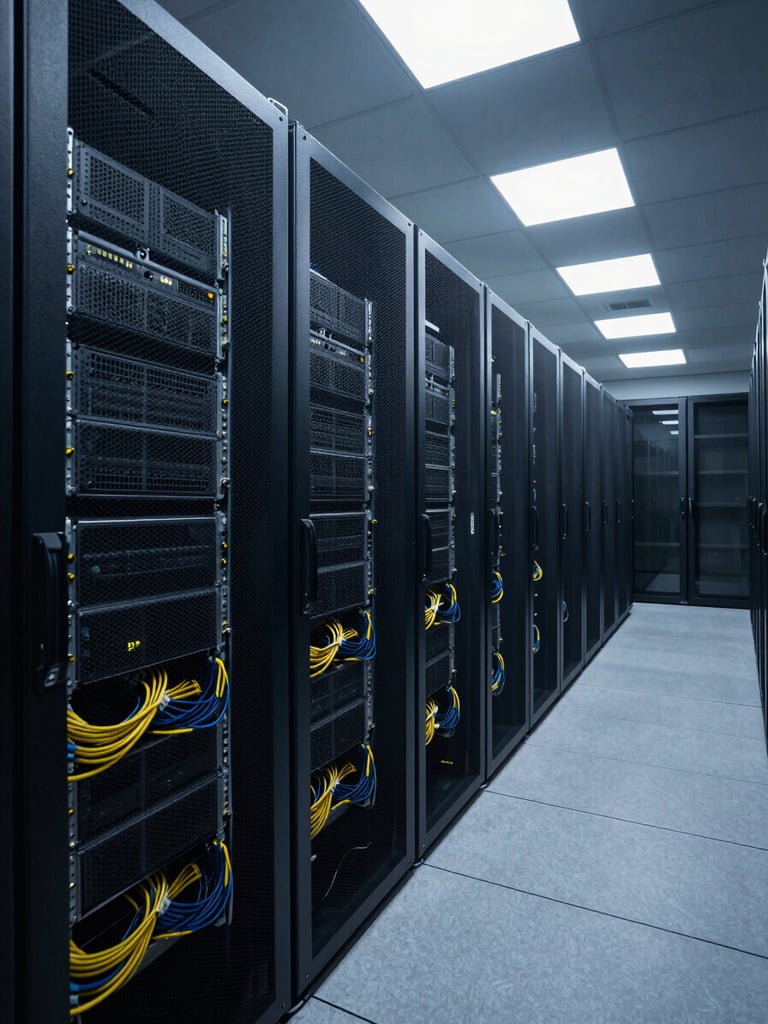 Wide overhead shot of a server rack row under cool overhead fluorescent lighting, dense cable management visible in the foreground, data center corridor receding into darkness behind—no people, no signage