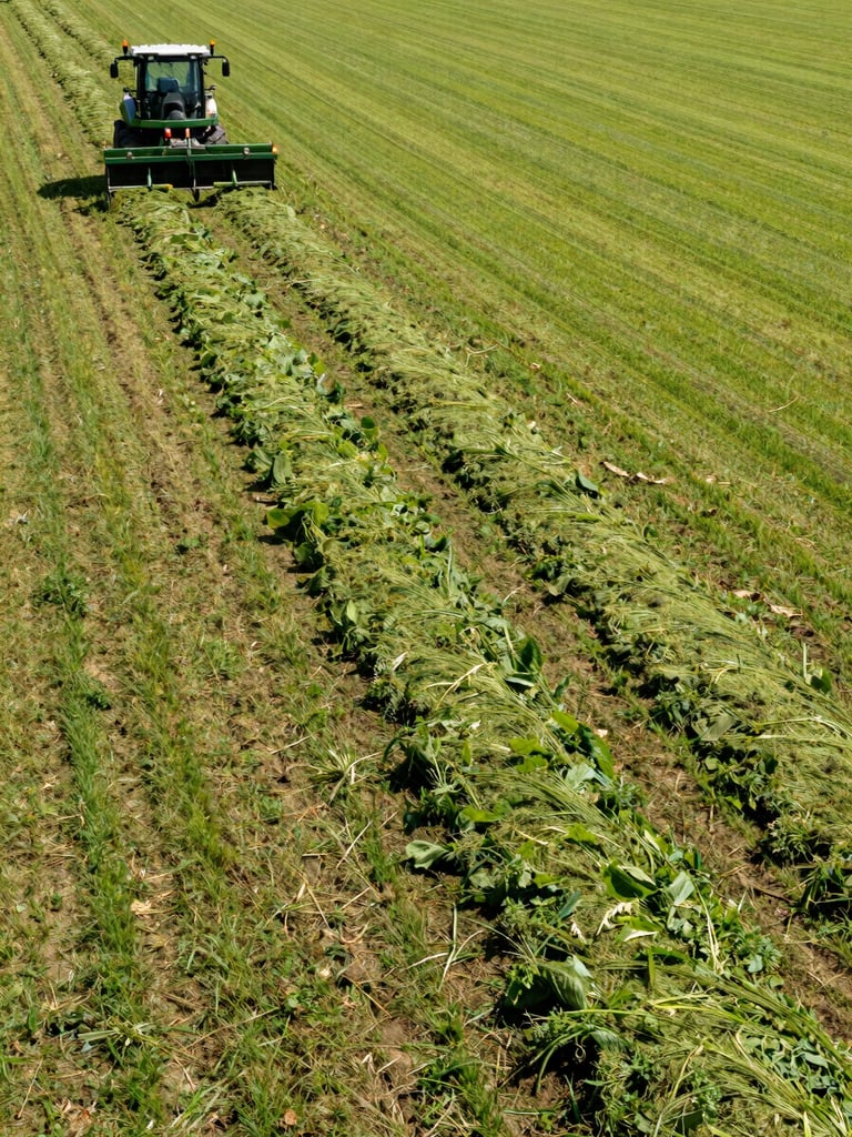 Wide environmental shot of a clean cut-line on an overgrown Slovak field, with a heavy-duty green mulcher visible on the mowed side, bright direct daylight, high contrast, realistic land reclamation.