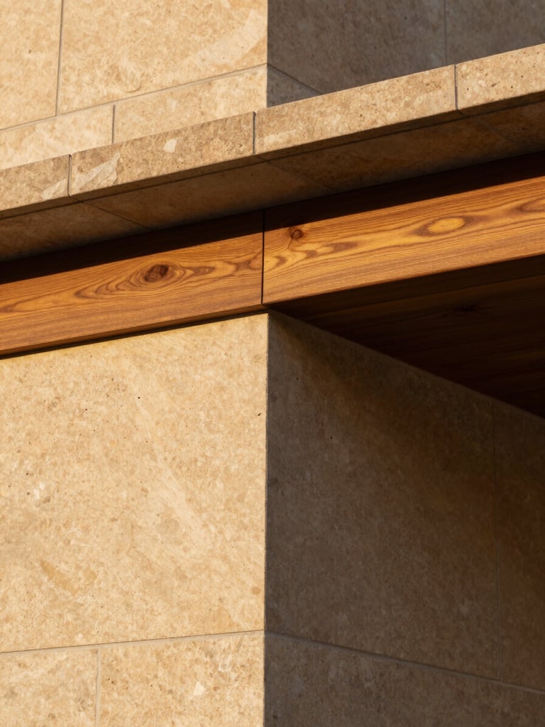 Close-up of architectural details showing warm laterite stone and teak wood finishes under golden hour light