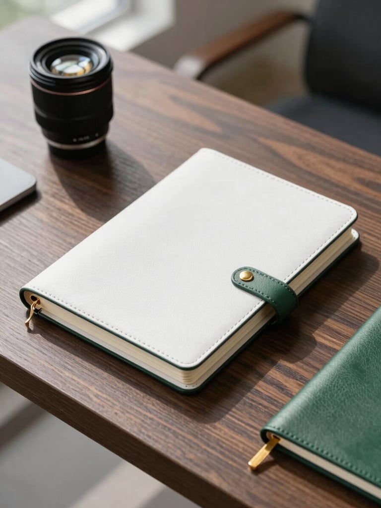 Editorial corporate photography of a premium leather notebook on a modern dark wood desk, bright natural daylight, clean white and deep green tones, gold accents, 35mm lens
