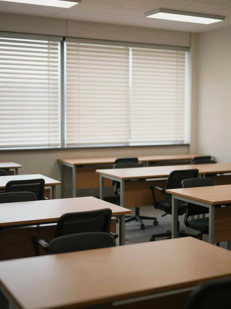 Wide-angle view of an empty small office interior just cleaned, rows of desks cleared, soft daylight through venetian blinds casting gentle stripes, calm and orderly
