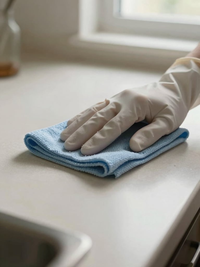 Close-up of a gloved hand wiping a kitchen countertop with a clean cloth, soft natural daylight from a nearby window, cream-colored surface in focus, unhurried and precise motion