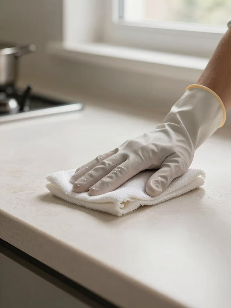 Close-up of a gloved hand wiping a kitchen countertop in a residential home, soft diffused daylight from a nearby window, cream surface, careful deliberate motion