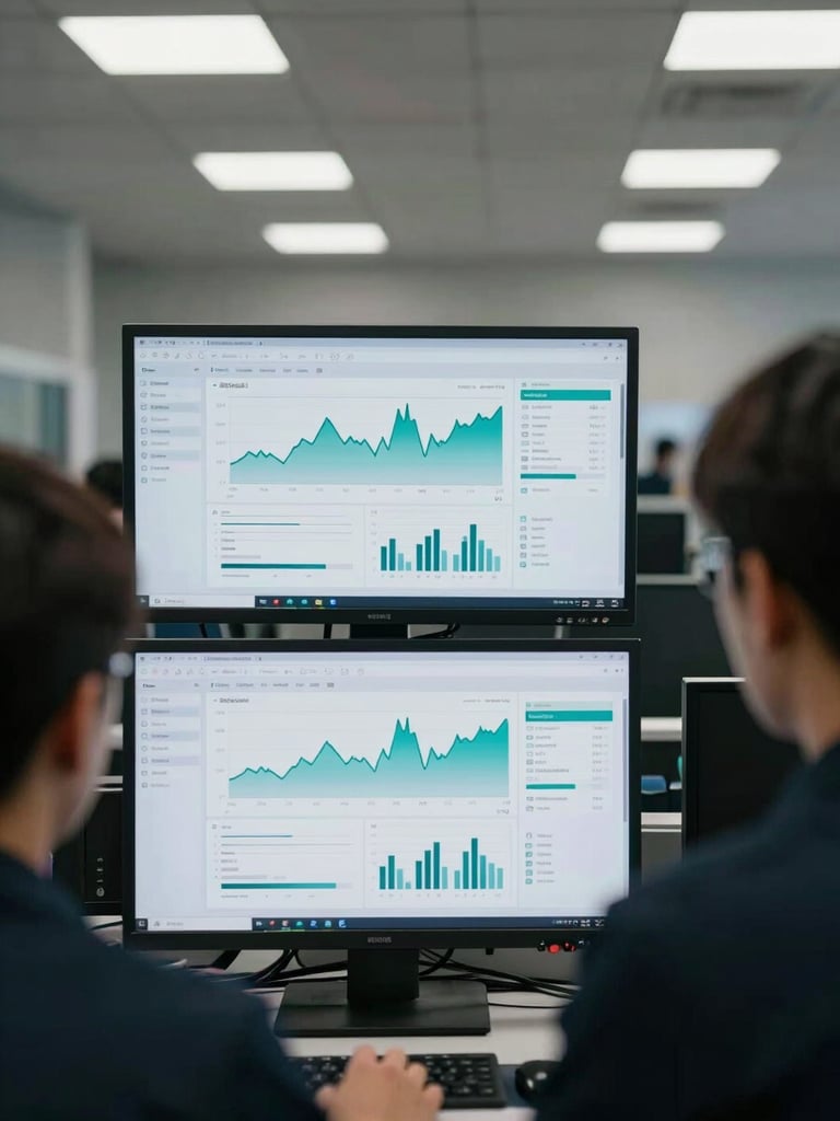 Wide engineering operations center, two monitors showing unified observability dashboards with retail transaction graphs, over-the-shoulder framing, cool diffused overhead lighting, desaturated environment with teal chart lines standing out