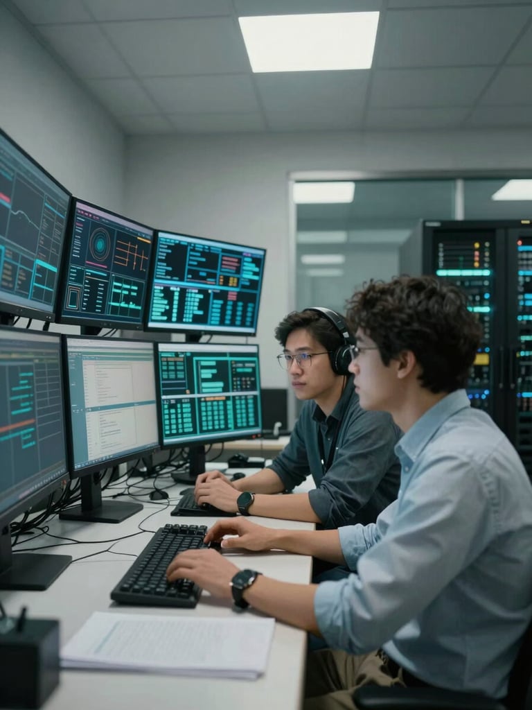Wide-angle view of two engineers in focused conversation in front of a wall of monitoring screens showing real-time dashboards, cool diffused overhead lighting, desaturated tones, teal monitor glow reflecting on their faces, server room glass visible in the background to the right