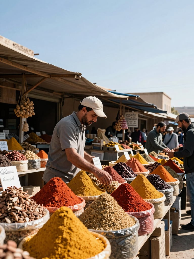 Bright natural sunlight illuminating a local market vendor presenting fresh spices to a traveler, rich saturated tones, wide-angle environmental framing, crisp 35mm