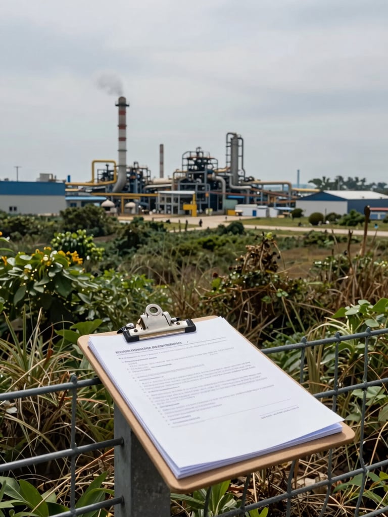 Wide-angle view of an industrial site perimeter from ground level, environmental assessment clipboard resting on a fence post in the foreground, dense vegetation and factory structures visible mid-distance under flat overcast daylight — documentary framing, no people
