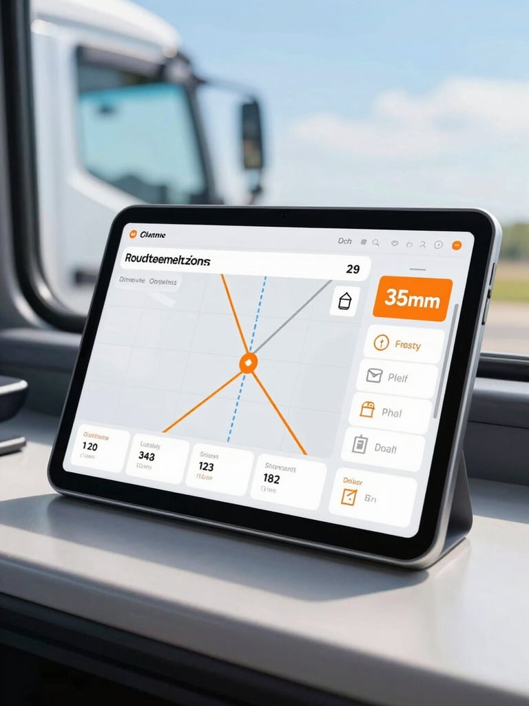 Bright natural daylight close-up of a modern digital dispatch tablet showing route optimization software inside a clean semi-truck cab, 35mm