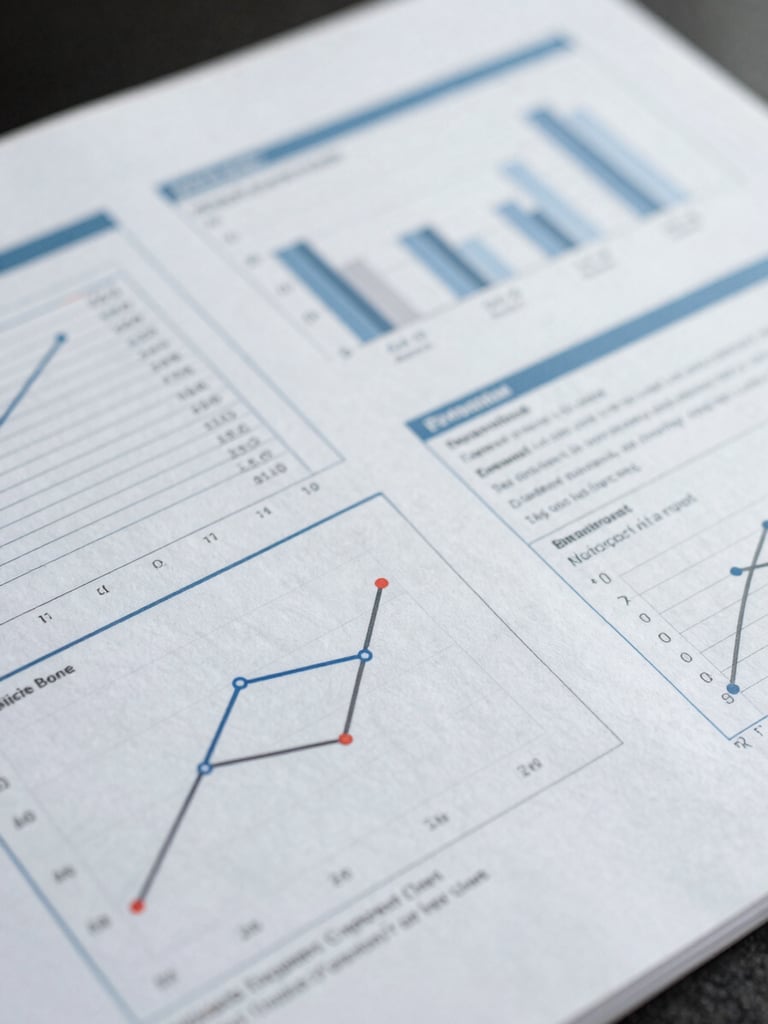 Close-up macro shot of printed scientific reports showing clean data visualizations and charts, diffused studio lighting, editorial style.