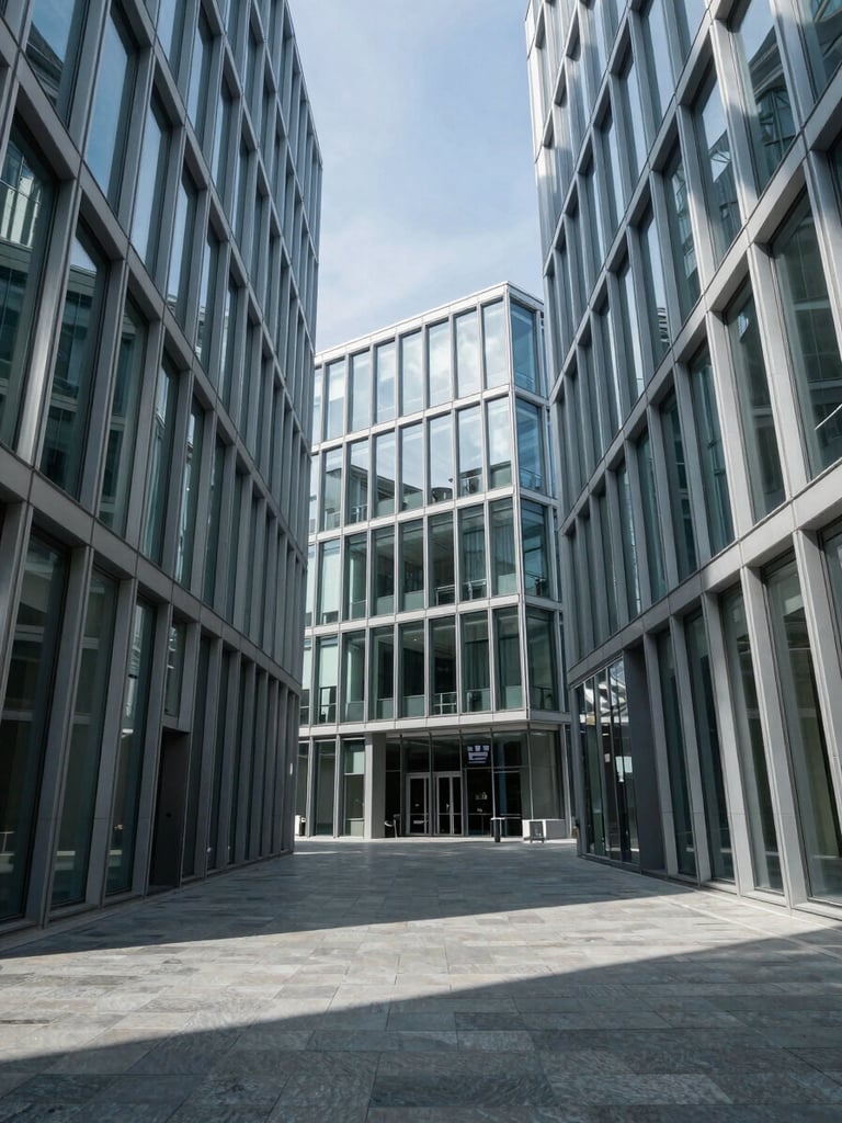 Wide-angle environmental shot of modern architectural glass and steel angles under crisp, cool-toned Swiss daylight, casting sharp geometric shadows, clean minimalist lines.