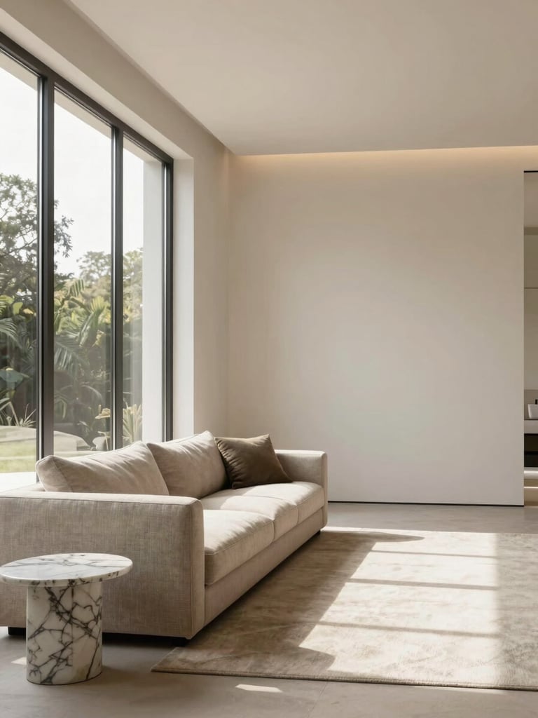 Wide environmental shot of a pristine high-end living room interior render — floor-to-ceiling windows on the left third, warm natural daylight flooding across a linen sofa and marble side table, expansive negative space on the right, soft even studio-quality lighting, architectural precision