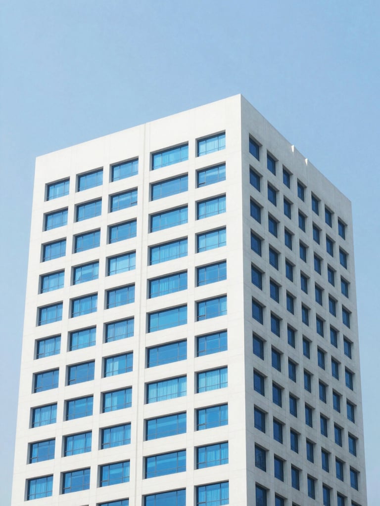 Bright editorial architectural detail of a modern high-rise office building in Mumbai, clear blue sky, soft natural daylight, clean white and royal blue tones, 35mm.