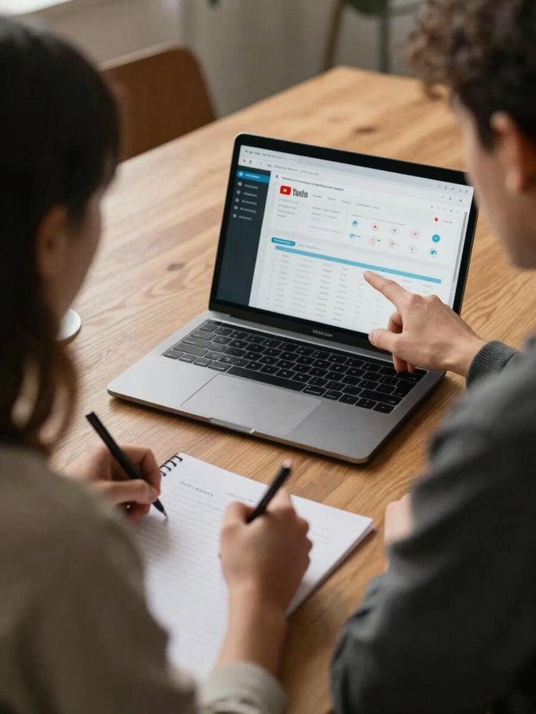 Medium shot of two people at a wooden table in warm natural light, one pointing at a laptop screen showing a YouTube analytics dashboard, the other taking notes on paper, genuine conversation, no staging