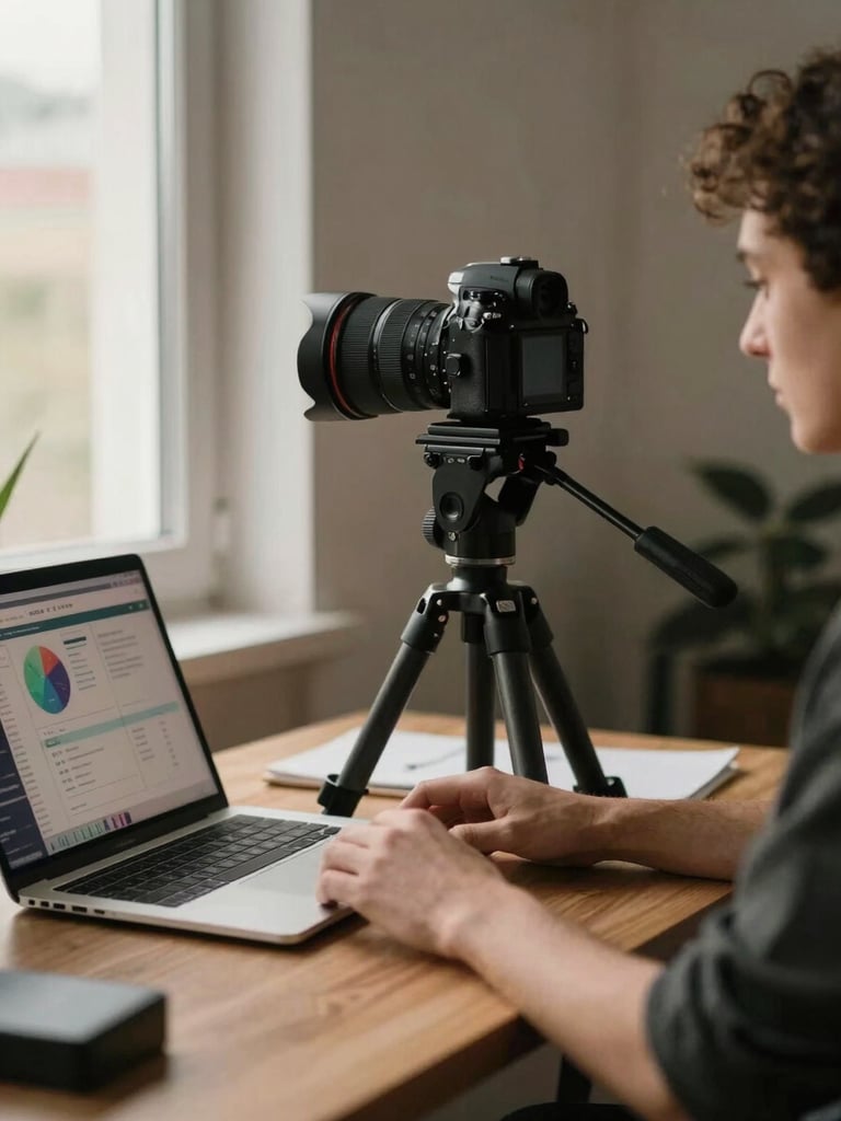 Wide environmental shot of a creator workspace — a desk with a professional camera on a tripod, warm window light from the left, a laptop showing analytics, hands resting on the keyboard, shallow depth of field, natural tones