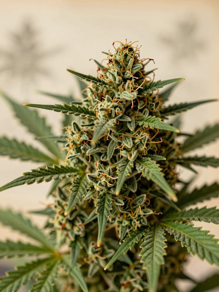 Macro close-up of rich green cannabis flower showing natural trichomes, styled like an elegant vintage botanical print, soft afternoon sunlight.
